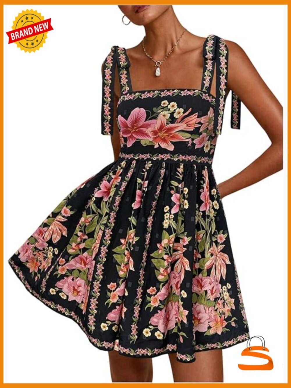 Sleeveless Floral Mini Dress Square Neck Tie Shoulder Ruffle Hem Summer Casual
